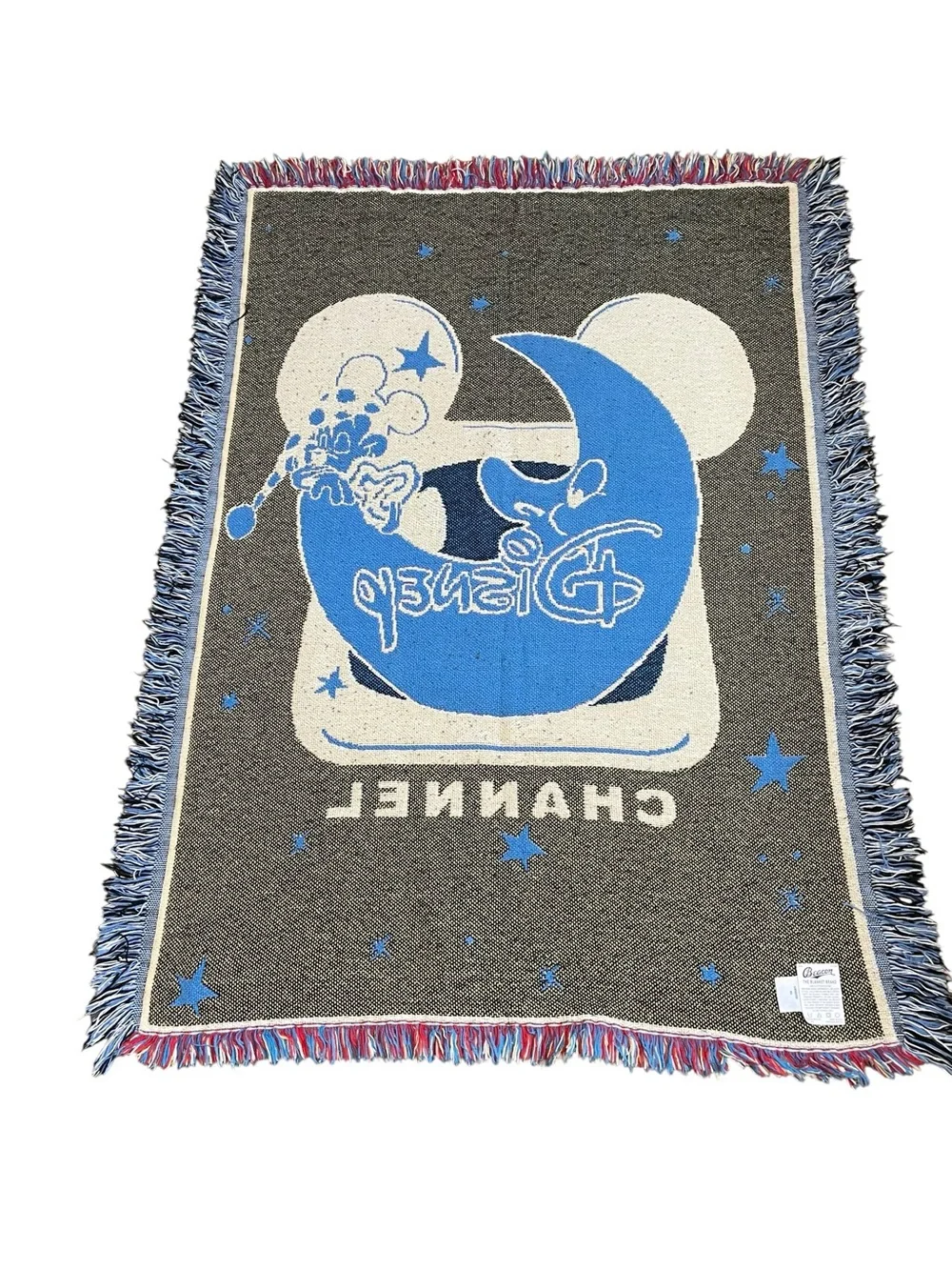 Vintage Disney Channel Minnie Mouse Moon Woven Throw Blanket Fringe Cotton USA